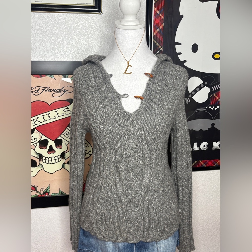 American Eagle 100% Lambswool Grey Cable Knit Hooded Sweater Y2K Preppy Fall